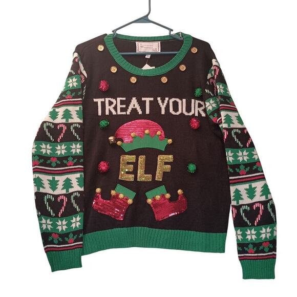 Derek Heart Sweaters - Christmas Sweater "Treat Your Elf" Ugly Sweater Sequins PomPom Bells NWT Size LG